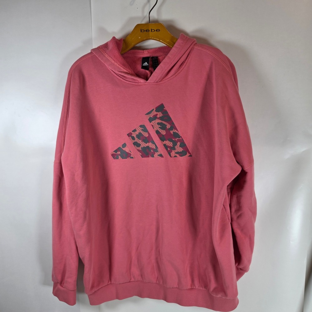 Adidas Womens Pink Hoodie L Leopard Animal Print Logo Pullover Sweatshirt